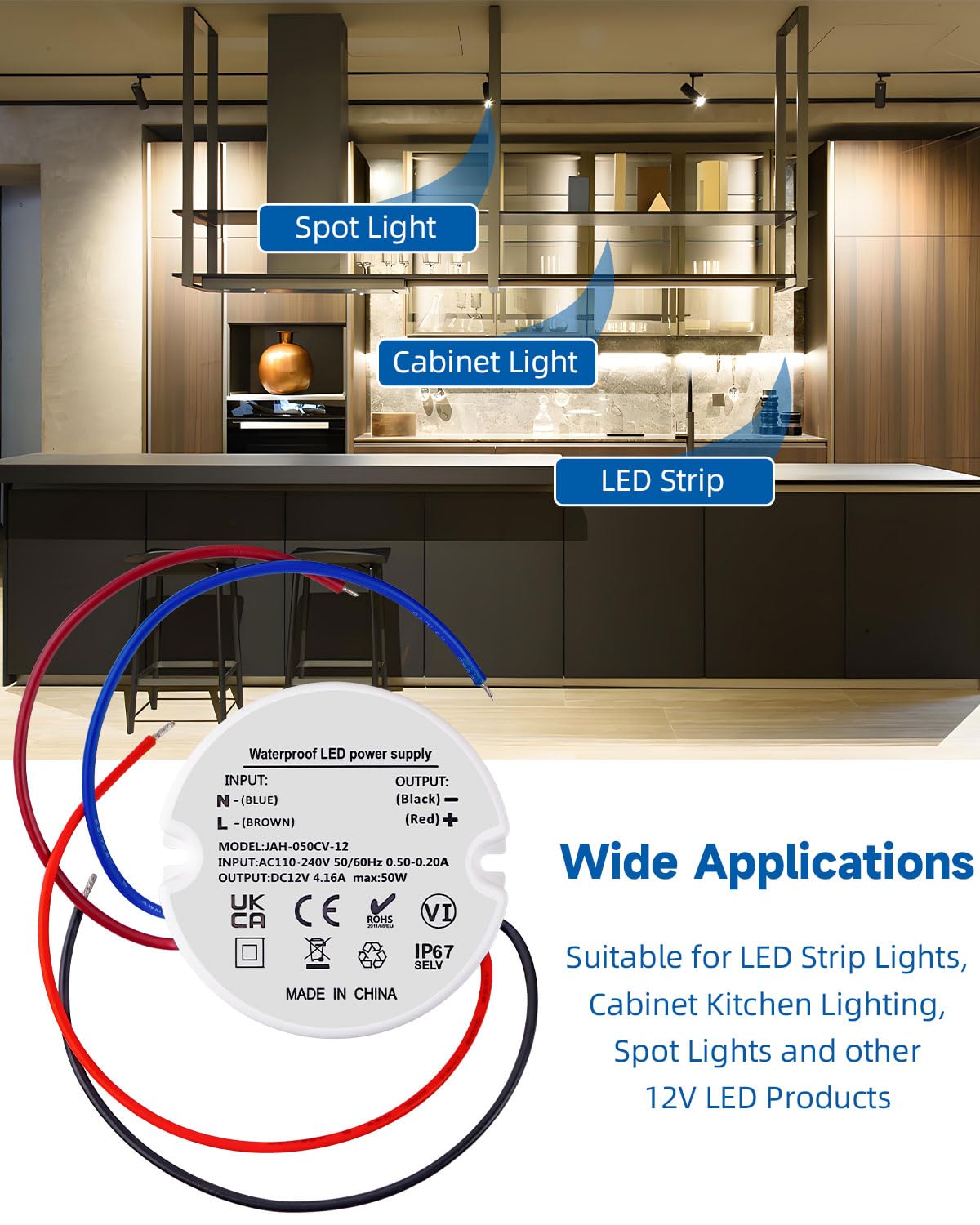 12V Power Supply 50W, IP67 Waterproof LED Transformer 120V to 12V DC for G4 MR11 MR16 LED Light, 12 Volt Power Supply LED Driver for LED Strip Lights