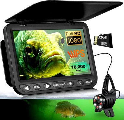 FishPRO [2024 Upgrade] 7'' Underwater Fishing Camera [HD 1080P] w/DVR -32GB, [Easy Plug & Play] Ice Fishing Camera Underwater, 10,000mAh, USB-C, IR & LED for Dark, Portable Ice Fishing Fish Finder