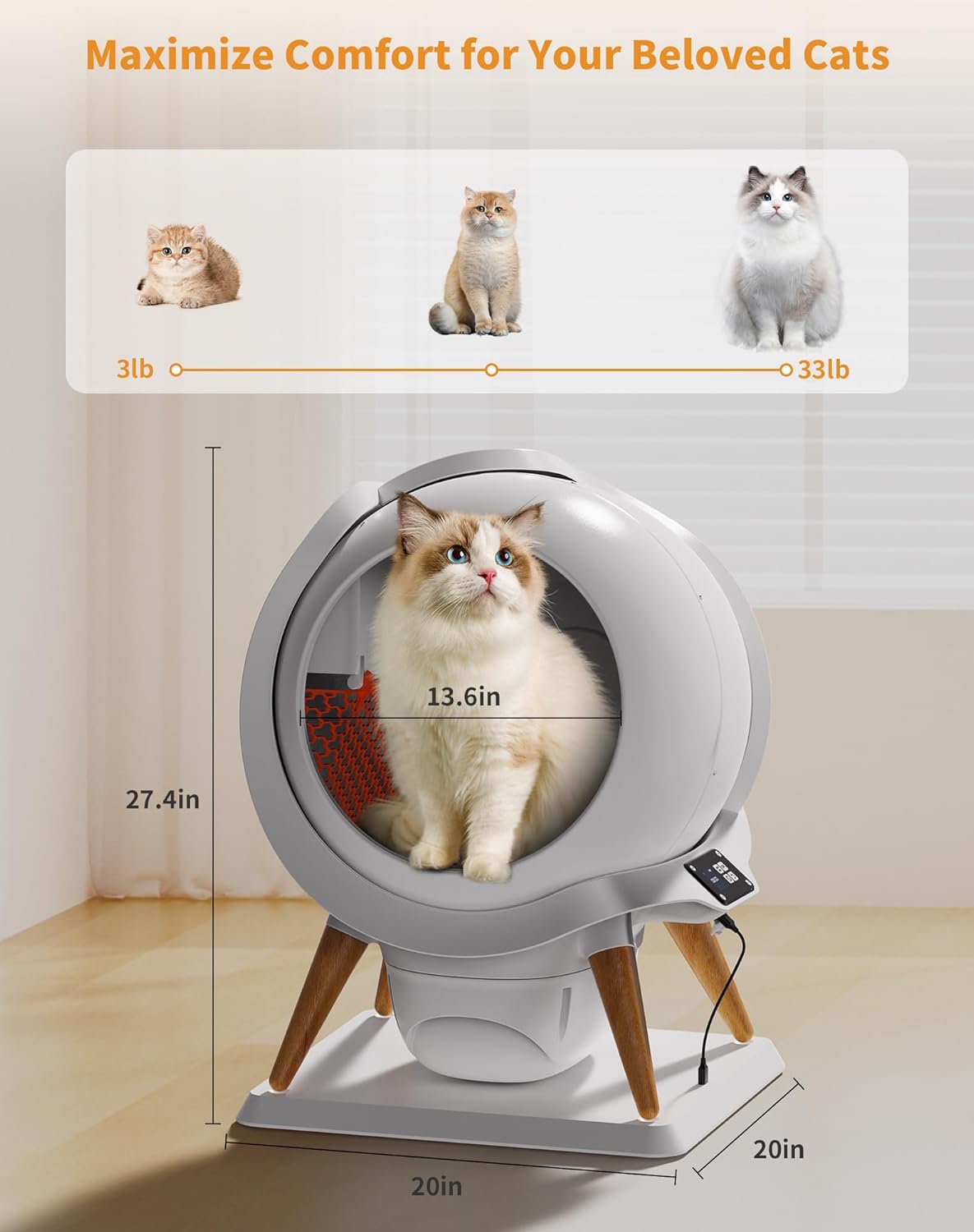 HoneyGuaridan Self Cleaning Cat Litter Box, Automatic Cat Litter Box for Multiple Cats,Water Rinsable and Easy to Clean,APP Control,Integrated Safety Protection,2 Roll Garbage Bags