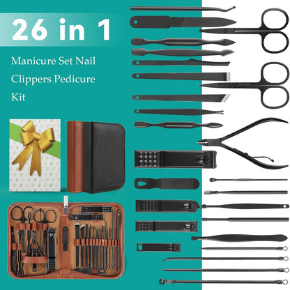 Nail Clippers Set, 26 Piece Manicure Set & Pedicure Kit, Stainless Steel Fingernail & Toenail Clipper Cutters, Professional Nail Care Tools with Luxurious Travel Case for Men and Women, Black