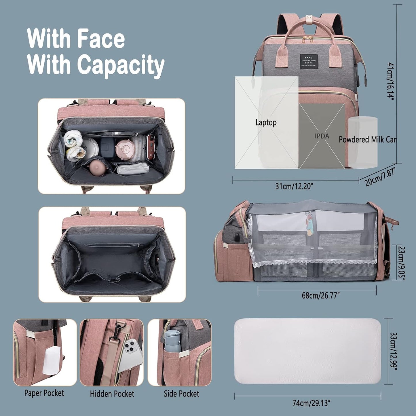 Diaper Bag Backpack | Large Capacity Baby Travel Bag with Portable Changing Pad