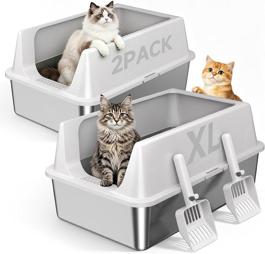 2 Pack XL Stainless Steel Litter Box with High Sides Shield for Multi Cat, Extra Large Tall Wall Open Top Deep Metal Pan for Big Cats, Anti-Leak Non-Stick Odor Control, 2 Scoops Included, Gray