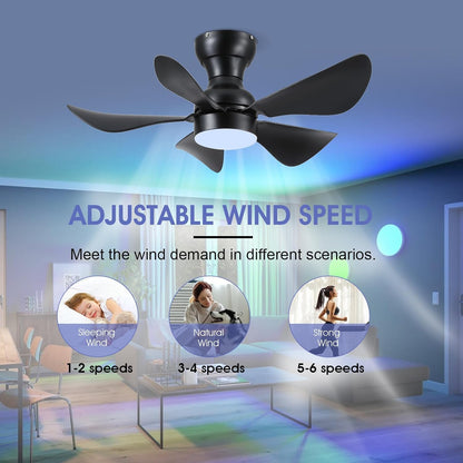 Modern Ceiling Fans with Lights Remote/APP Control, 29" Flush Mount Ceiling Fans with 3 CCT Dimmable Lights, Low Profile Ceiling Fans with 5 Propeller Blades LED Lights for Kids Room Bedroom, Brown - PuriLite