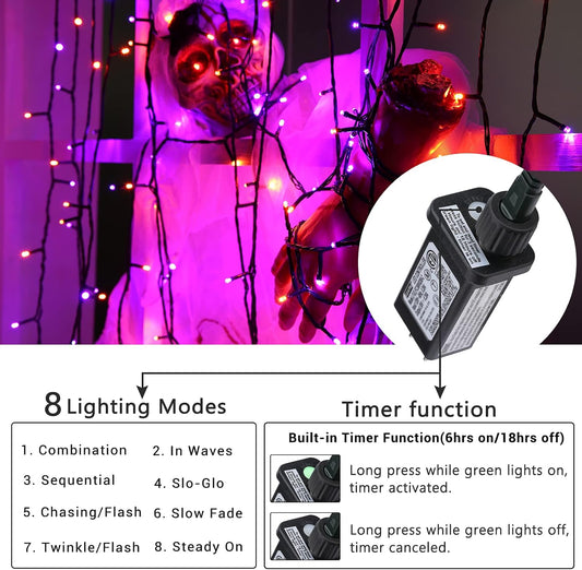 Toodour Orange & Purple Halloween Lights, 82ft 200 LED Halloween String Lights with 8 Modes, Timer, Low Voltage, Connectable Indoor Outdoor String Light for Home Garden, Party Yard Holiday Decoration - PuriLite