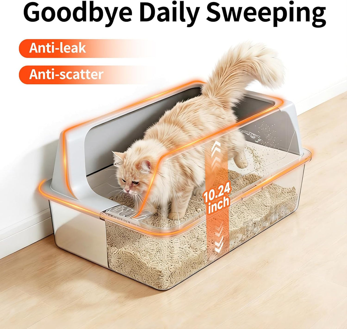 2 Pack XL Stainless Steel Litter Box with High Sides Shield for Multi Cat, Extra Large Tall Wall Open Top Deep Metal Pan for Big Cats, Anti-Leak Non-Stick Odor Control, 2 Scoops Included, Gray