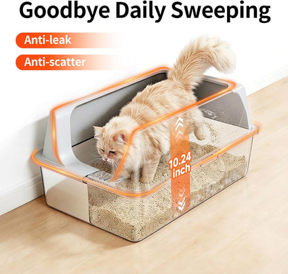 2 Pack XL Stainless Steel Litter Box with High Sides Shield for Multi Cat, Extra Large Tall Wall Open Top Deep Metal Pan for Big Cats, Anti-Leak Non-Stick Odor Control, 2 Scoops Included, Gray