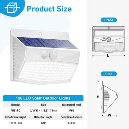 Solar Lights Outdoor, [ 8 Pack/138LED ] Solar Motion Sensor Light Outdoor with 3 Lighting Modes Wireless Waterproof Solar Wall Lights Solar Security Lights for Fence Yard Garden Deck Garage