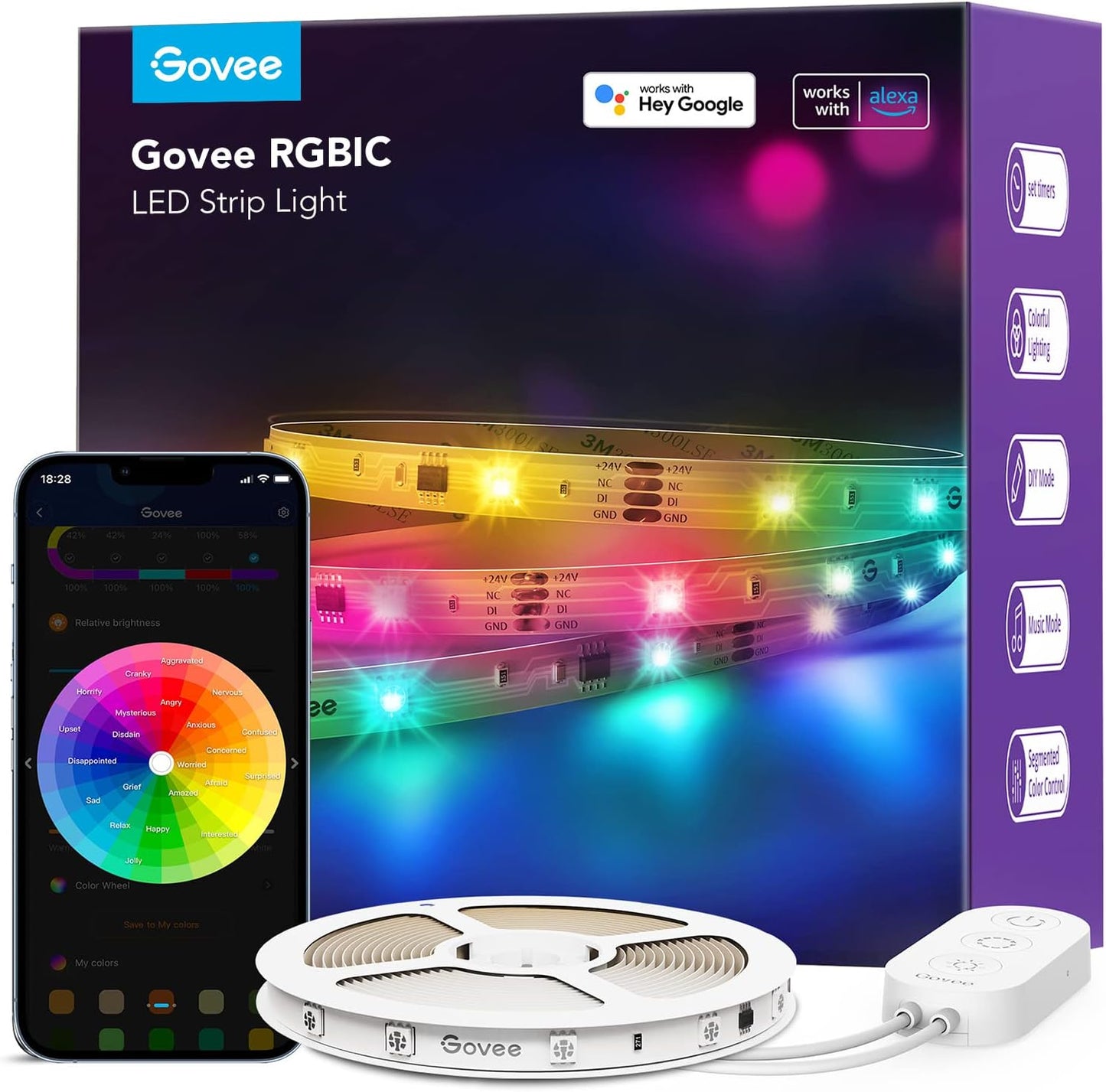 Govee RGBIC LED Strip Lights 100ft, Smart LED Lights Work with Alexa and Google Assistant, App Control Segmented DIY Multiple Colors, Color Changing Lights, LED Lights for Bedroom (NOT Waterproof)