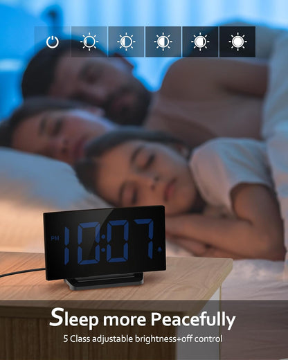 GOLOZA Digital Alarm Clock for Bedrooms, Modern Curved Design, Conspicuous Blue LED Numbers, 6 Levels Brightness, 3 Alarm Tones,2 Volume, Snooze, Power-Off Memory, 12/24H, Bedside Clock