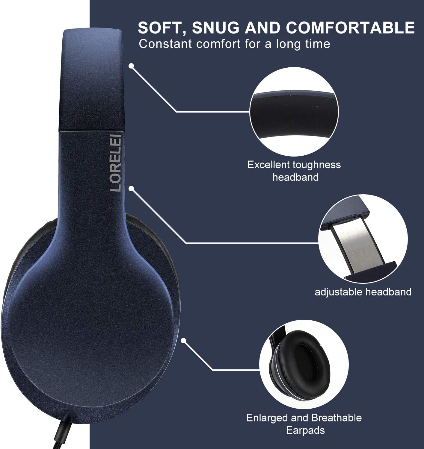 LORELEI X6 Over-Ear Wired Stereo Bass Headphones with Microphone, Lightweight, Foldable & Portable with 1.45M No-Tangle for Smartphone, Tablet, MP3/4, Space Black