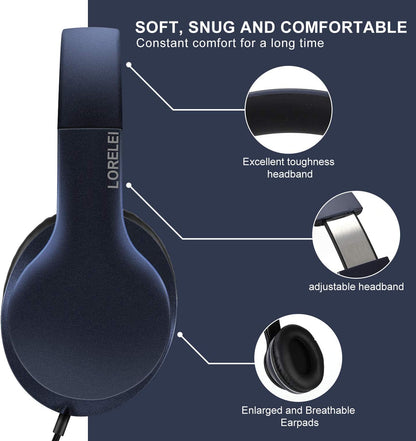 LORELEI X6 Over-Ear Wired Stereo Bass Headphones with Microphone, Lightweight, Foldable & Portable with 1.45M No-Tangle for Smartphone, Tablet, MP3/4, Space Black