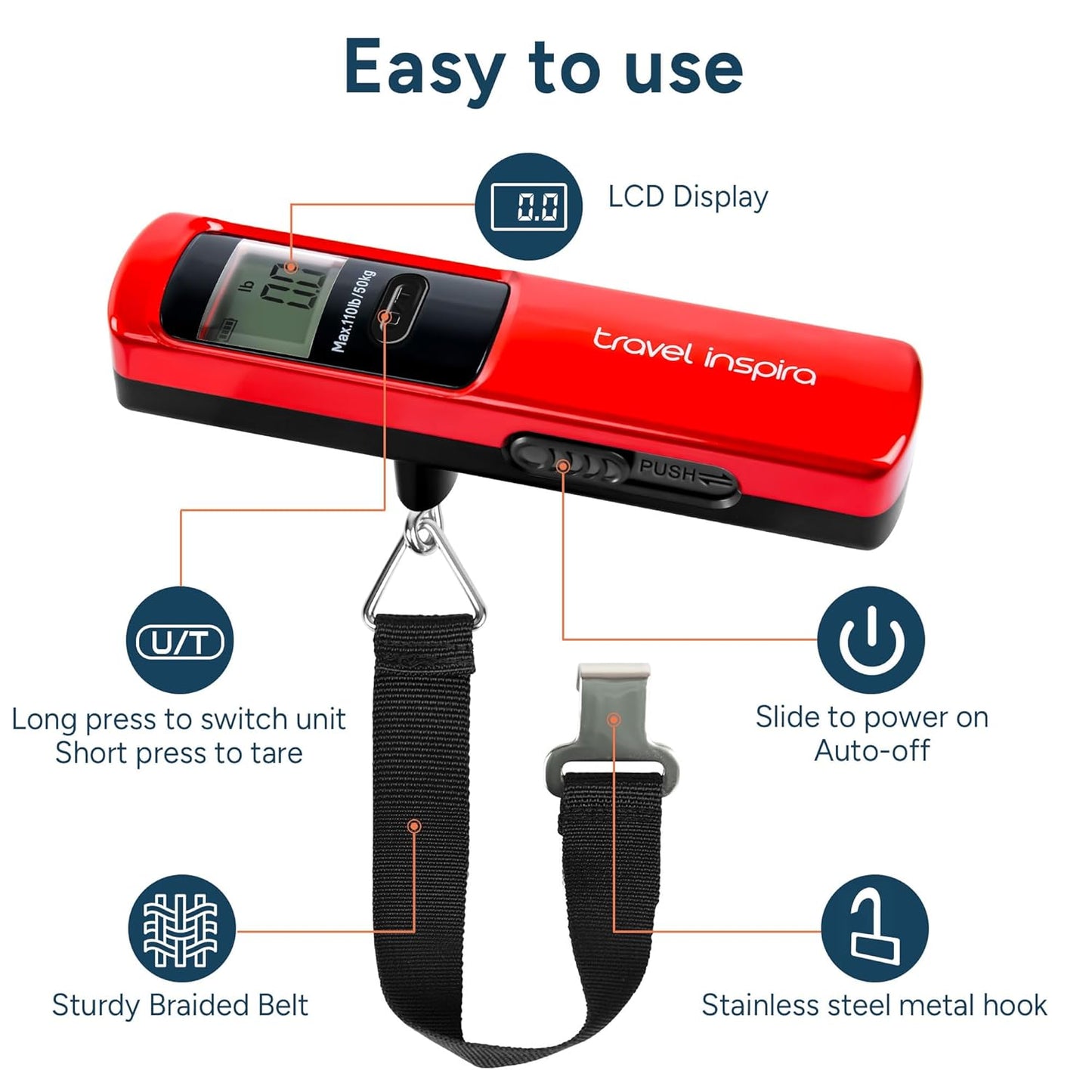 travel inspira Luggage Scale Battery-Free, Travel Essentials, Portable Handheld Digital Suitcase Weight Scale for for Travel Accessories, 110lbs/50kg