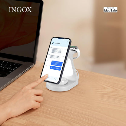 INGOX 4 in 1 Magnetic Wireless Charger Stand for iPhone 16 15 14 13 12 Pro/Max/Plus/Mini, AirPods Pro/3/2, and Watch 9/8/7/6/SE/5/4/3, Fast Charging Station, White Dolphin, 20W