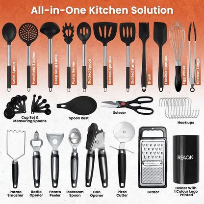 40PCs Silicone Cooking Utensils Set 446℉ Heat Resistance, RFAQK BPA Free Kitchen Utensils Set for Nonstick Cookware, Gadgets Includes Can Opener, Potato Smasher,Peeler,Tongs,Spatula Set,Pizza Cutter