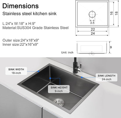 MENATT 20-inch Undermount Kitchen Sink, SUS304 Stainless Steel Handmade Single Bowl Kitchen Sink with Sink Strainer (Brushed), 20"x16"x9"