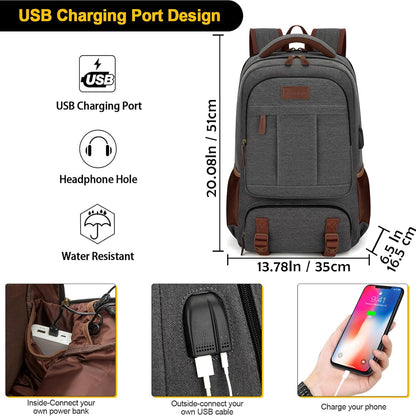 Tzowla Canvas Laptop Backpack Men,Bag for Women,School Travel College Work Rucksack Fits 15.6 Inch Laptop,Bookbag with USB Charging Port,Dark Grey