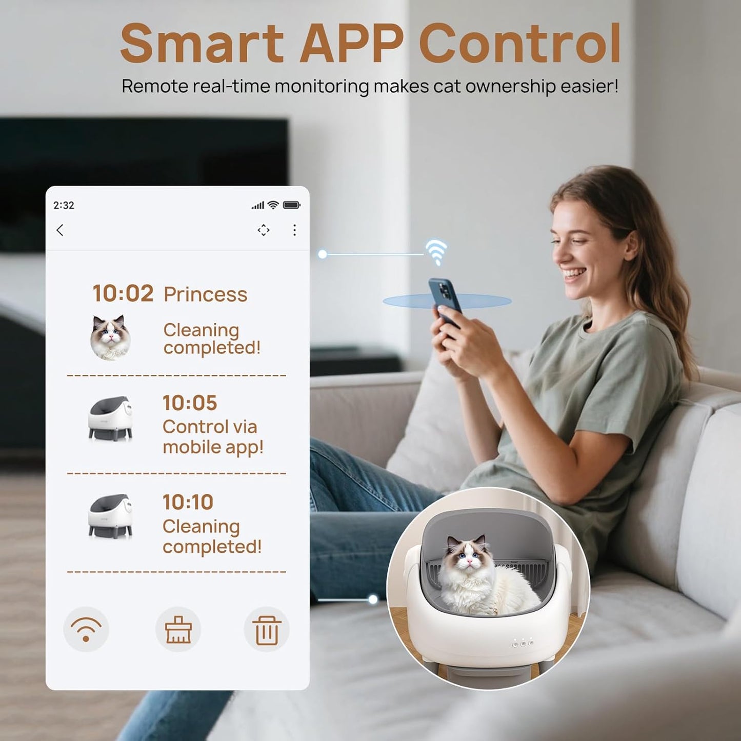 Open-Top Self Cleaning Litter Box, Automatic Litter Box for Multiple Cats, Smart APP Control, Dual Safety Protection
