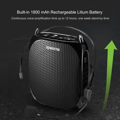 ZOWEETEK Portable Rechargeable Mini Voice Amplifier with Wired Microphone Headset and Waistband, Supports MP3 Format Audio for Teachers, Singing, Coaches, Training, Presentation, Tour Guide