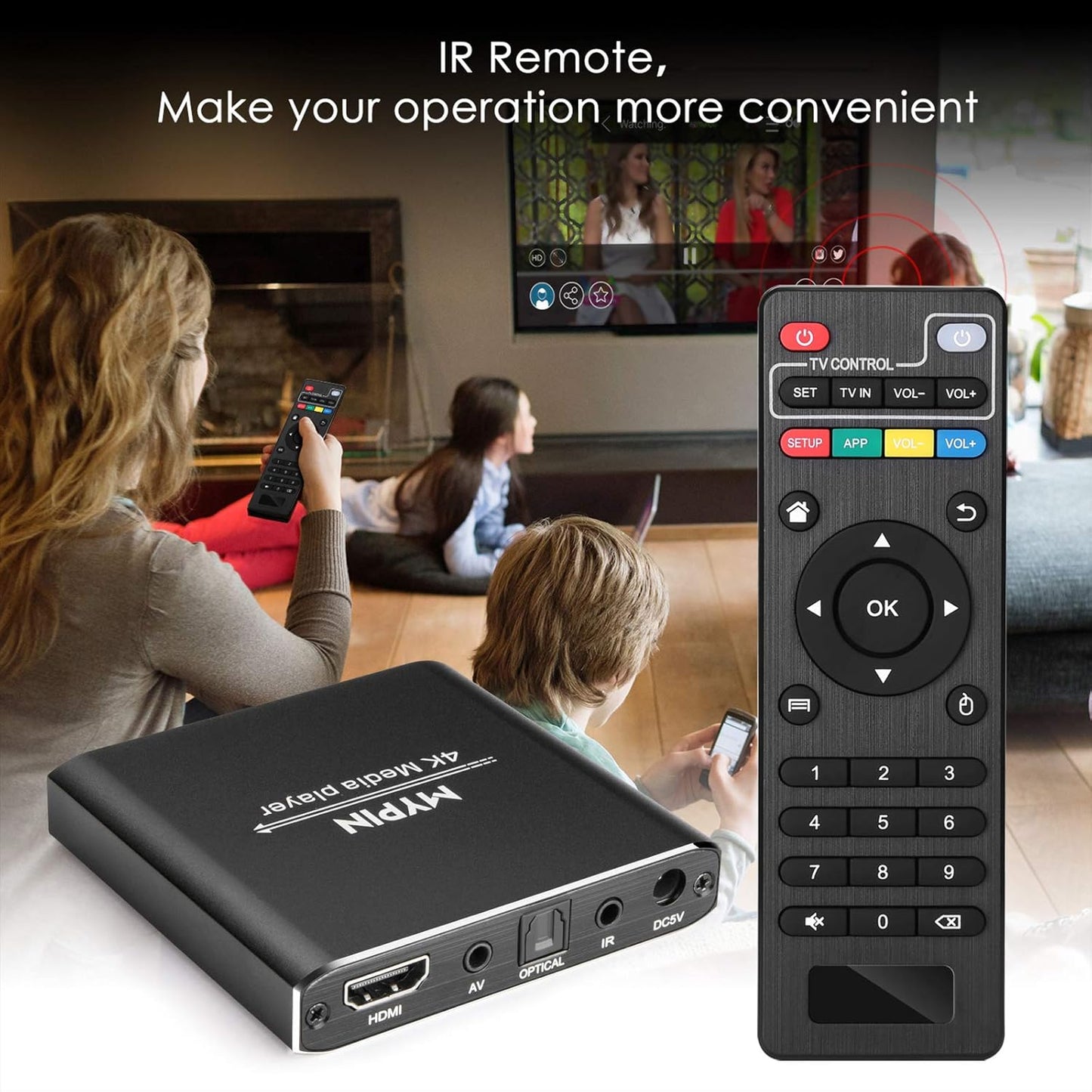 4K Media Player with Remote Control,Digital MP4 Player for 8TB HDD/USB Drive/TF Card/H.265 MP4 PPT MKV AVI Support HDMI/AV/Optical Out and USB Mouse/Keyboard-HDMI up to 7.1 Surround Sound…