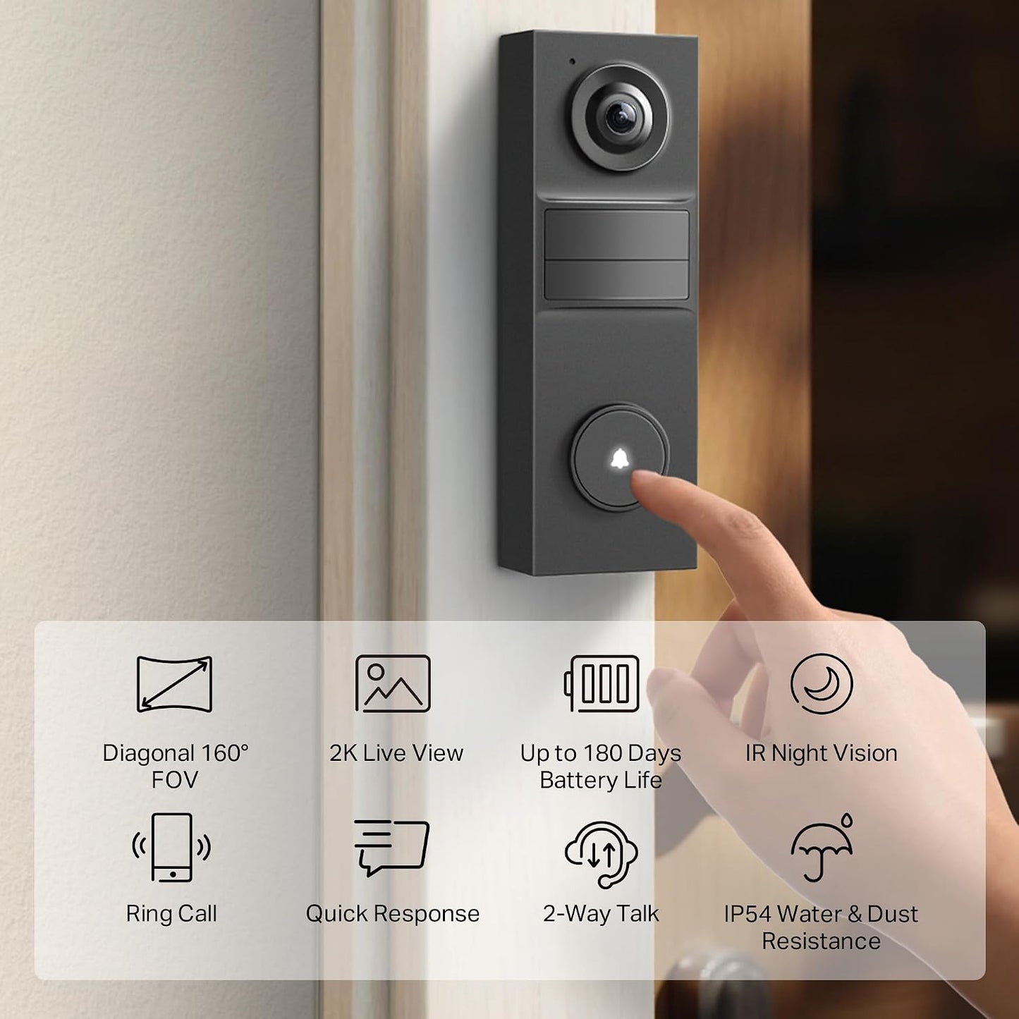 Tapo 2K Wireless Smart Video Doorbell, D205, 160° Ultra-Wide View | Person Detection, 2-Way Talk, Ring Call, Night Vision, Subscription-Free Local Storage or Optional Cloud