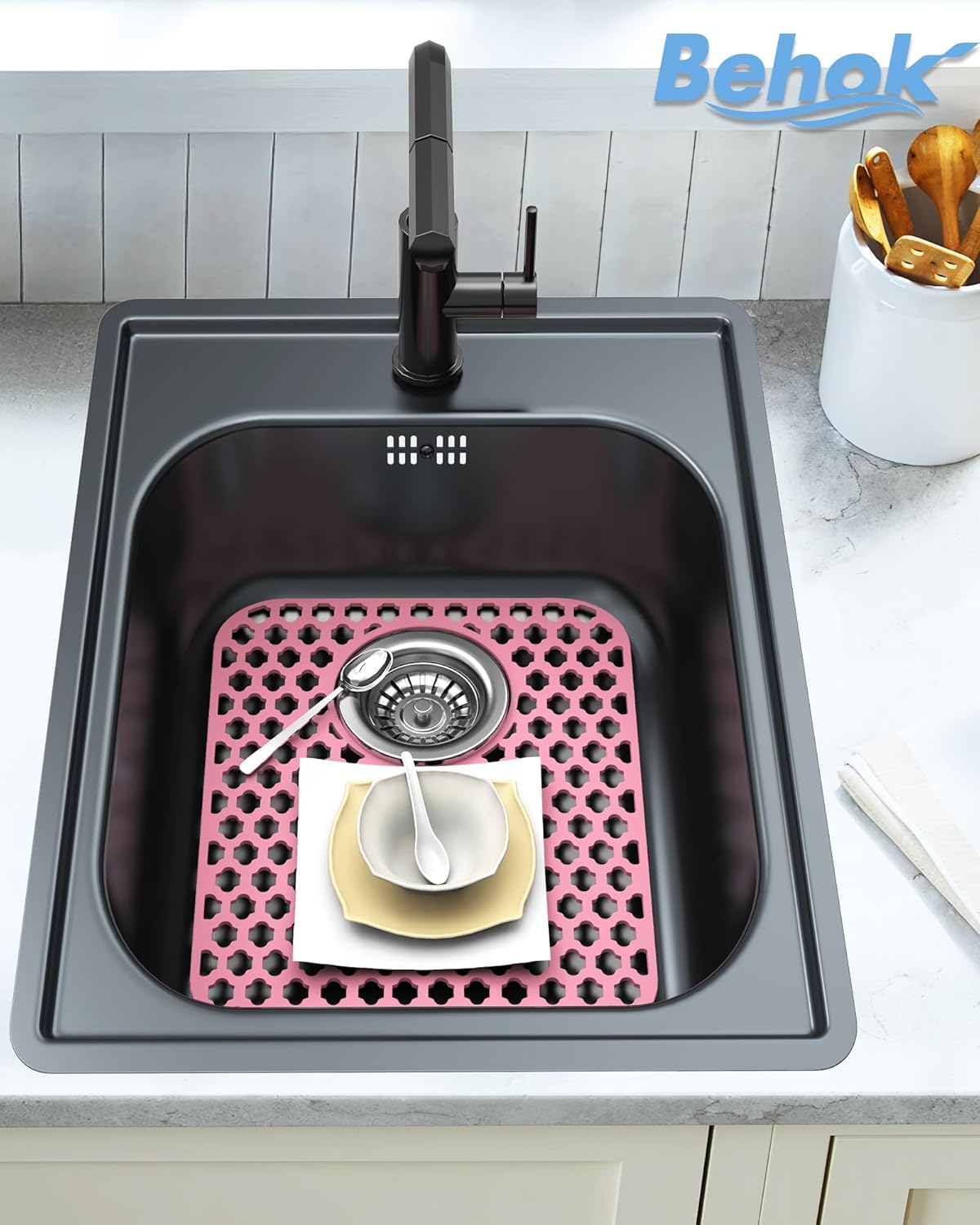 BEHOK 2 Pack Silicone Sink Protector for Kitchen Sink Bathroom Sink 13.58"x 11.6" Sink Mat, Non-Slip and Durable Silicone Sink Grid, Rear Drain (Gray)
