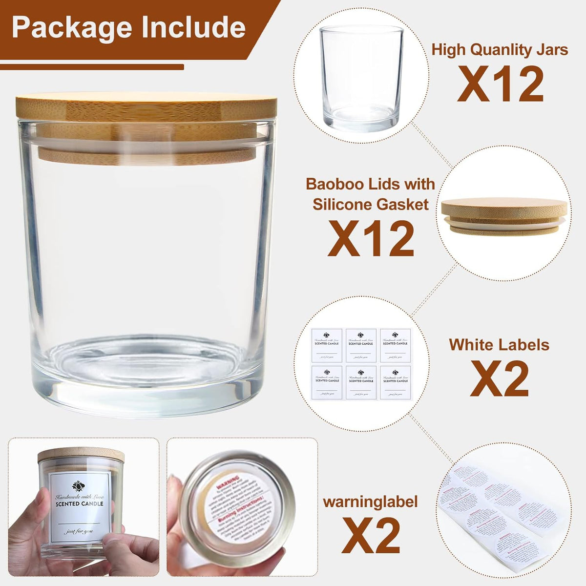 CONNOO 12Pack 10 OZ Clear Glass Candle Jars with Bamboo Lids