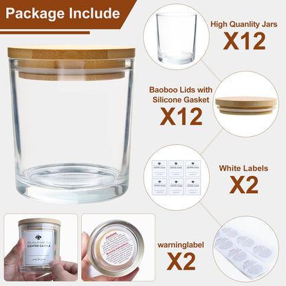 CONNOO 12Pack 10 OZ Clear Glass Candle Jars with Bamboo Lids