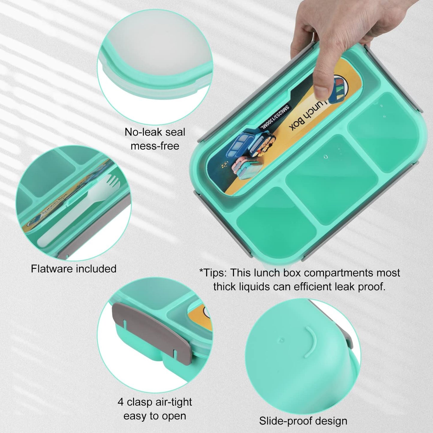 MaMix Bento Lunch Box Adult, Kids, Lunch Containers for Adults/Kids/Students,1300ML-4 Compartment (Blue)