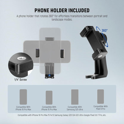 NEEWER BASICS Camera Tripod, 71'' Tripod with Cell Phone Holder Mount Compatible with iPhone for Video Recording, Professional Aluminum Lightweight Portable Travel Stand with 3 Way Pan Tilt Head, TP55