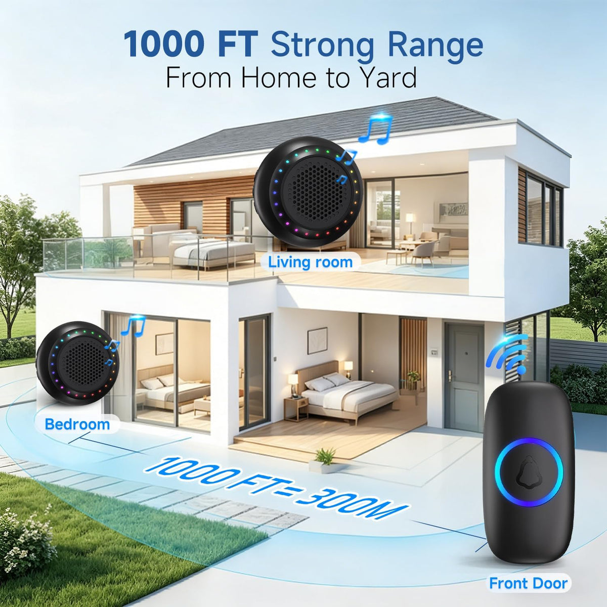 Wireless Doorbell with 48 Chimes, Door Bell Kit with 1000ft Range, Easy Installation, Loud 4 Volume Levels, LED Indicator, Waterproof, for Home Office Classroom, Black