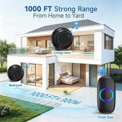 Wireless Doorbell with 48 Chimes, Door Bell Kit with 1000ft Range, Easy Installation, Loud 4 Volume Levels, LED Indicator, Waterproof, for Home Office Classroom, Black