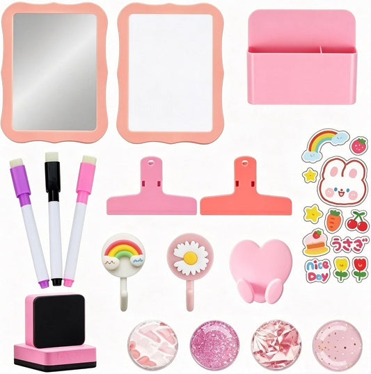 18 Pcs Magnetic Locker Accessories Set, Clear Mirror, Dry-Erase Board, Pen Holder & Hooks, Multifunctional Decor Organizer for Girls, Suitable for School, Gym and Office Lockers