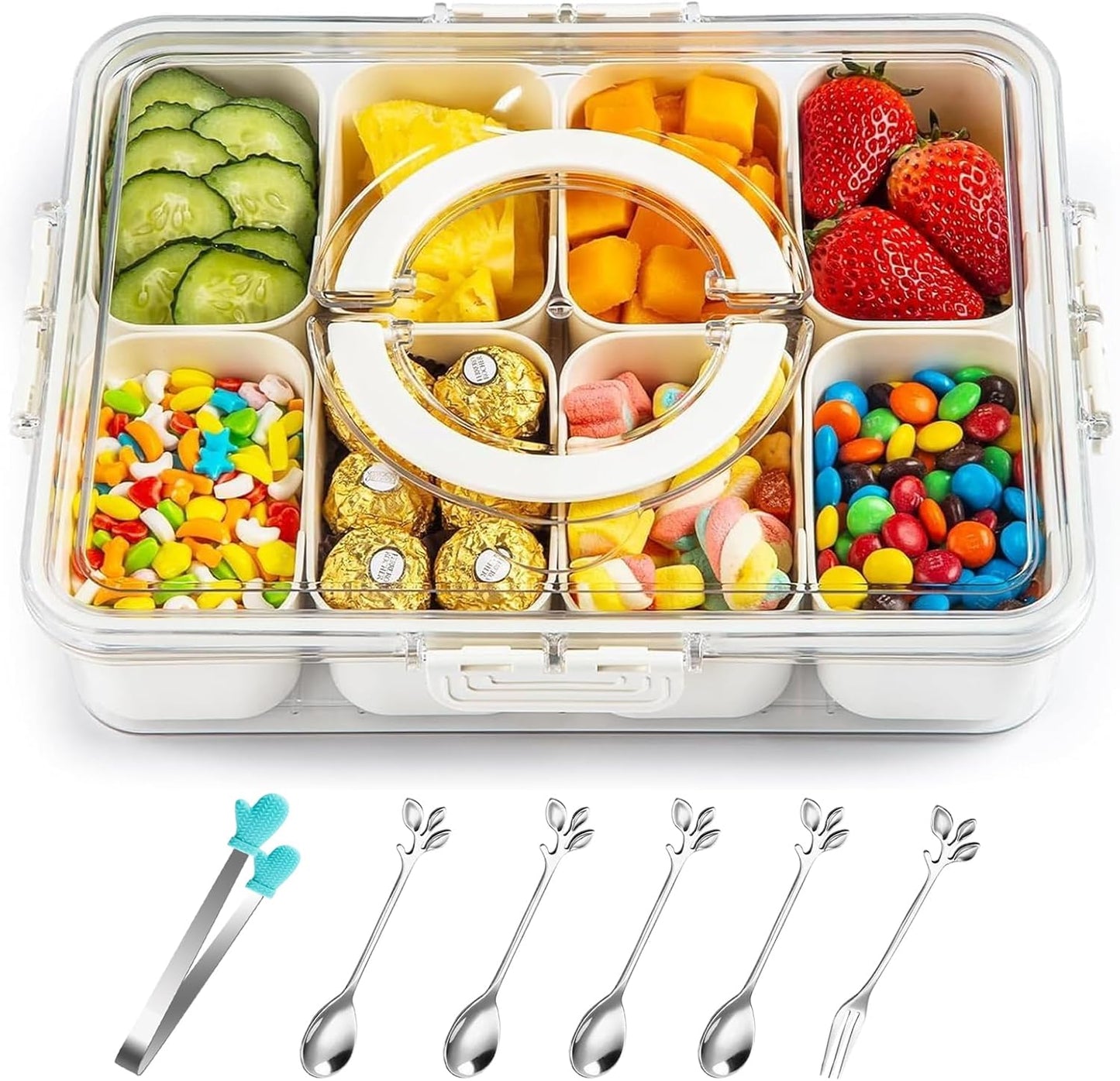 Divided Serving Tray with Lid & Handle, Snack Box with 8 Compartments, Snack Tray, Food Storage Container for Travel, Party & Picnic, Clear Organizer for Veggie, Candy, Fruit, Nut