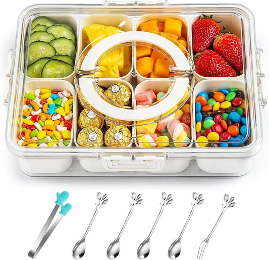 Divided Serving Tray with Lid & Handle, Snack Box with 8 Compartments, Snack Tray, Food Storage Container for Travel, Party & Picnic, Clear Organizer for Veggie, Candy, Fruit, Nut