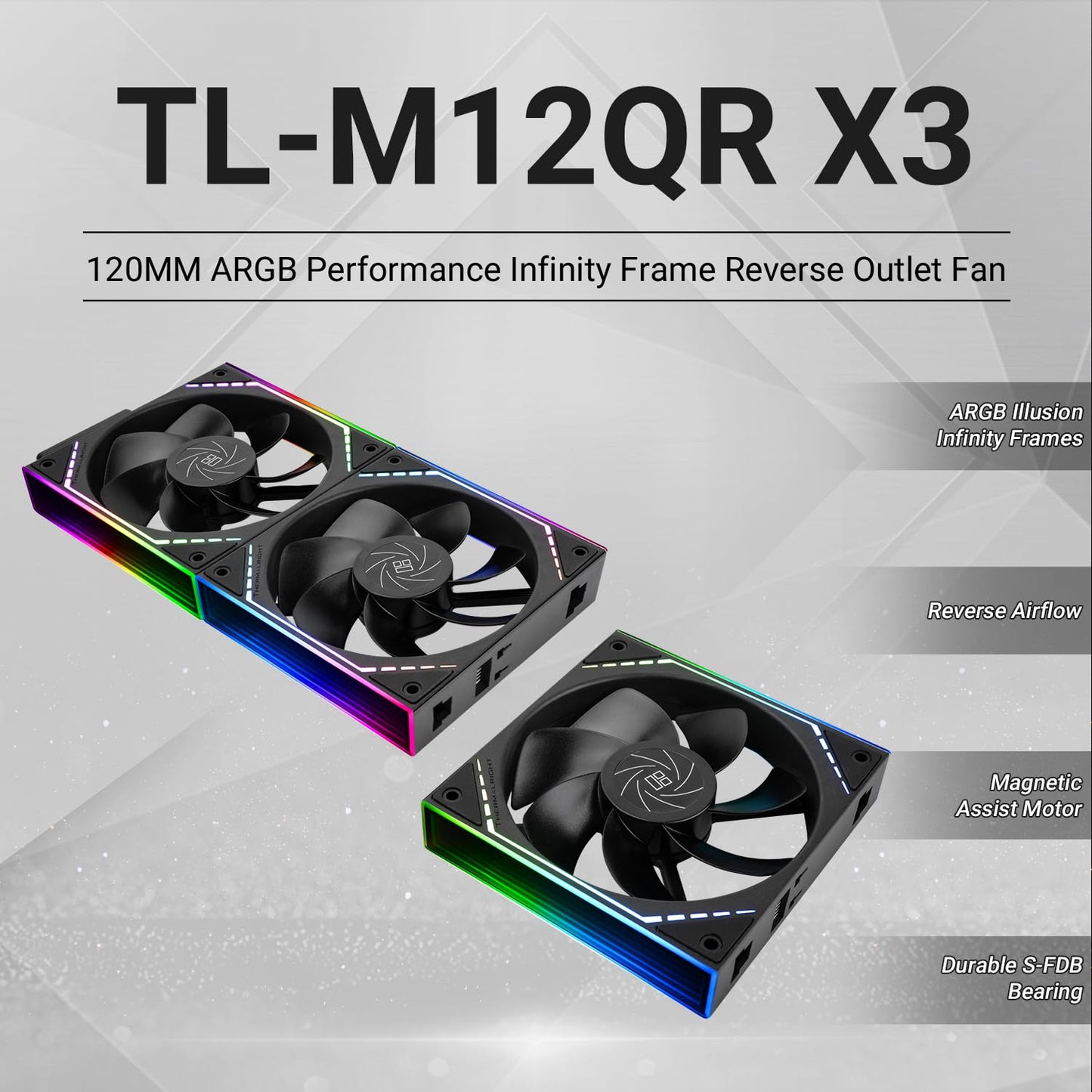 Thermalright TL-M12QR X3 Case Fan, CPU Cooler Comes with ARGB Mirror Light Effect,PC PWM Silent Cooling with 1500RPM Speed,Reverse CPU Cooler Fan (120mm, Black)