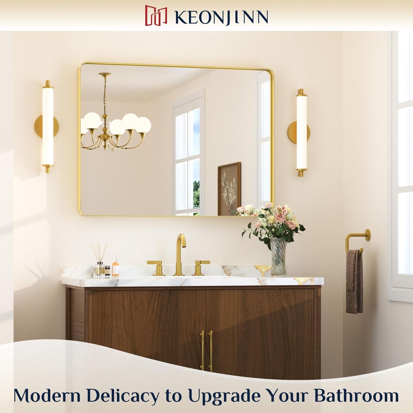 Keonjinn 42 x 36 Brushed Nickel Bathroom Vanity Mirror, Large Rounded Rectangle Bathroom Mirrors for over Sink, Metal Framed Silver Mirror for Wall, Shatterproof HD Tempered Glass(Horizontal/Vertical)