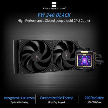 Thermalright FW 360 Black ARGB-360mm AIO CPU Liquid Cooler,IPS LCD Screen with 320 * 240 Resolution,for AM5/Intel LGA1700,‘2.4 inch’Magnet-Absorbent LCD Screen for Images -Black