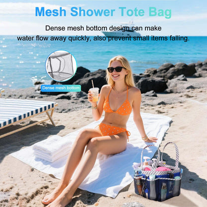 Mesh Shower Caddy Tote, Large College Dorm Bathroom Caddy Organizer with Key Hook and 2 Oxford Handles, Quick Hold, 8 Basket Pockets for Camp Gym