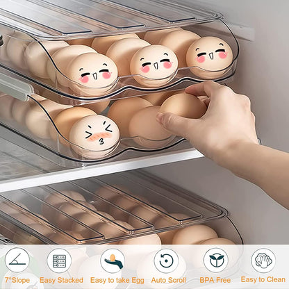 Auto Rolling Egg Storage for Fridge | Stackable Egg Organizer | Refrigerator Egg Holder with Lid | Kitchen Fridge Storage Box | Space Saving Egg Container