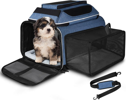 Petskd Top and Side Expandable Pet Carrier 17x12x8.5 Inches JetBlue Frontier Spirit Airline Approved, Soft-Sided Carrier for Small Cats and Dogs with Locking Safety Zipper and Anti-Scratch Mesh(Black)