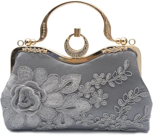 CORIOS Women Evening Bag Floral Embroidery Clutch Bag Vintage Handbag Bridal Wedding Purse Elegant Shoulder Bag