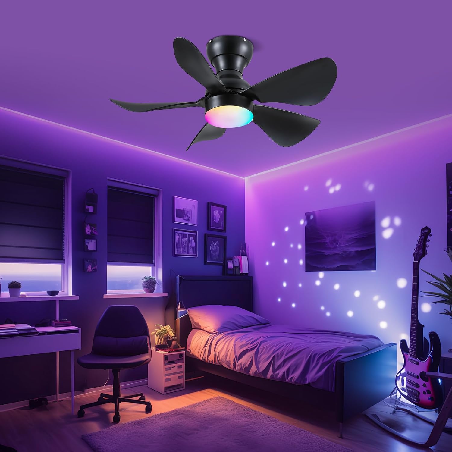 Modern Ceiling Fans with Lights Remote/APP Control, 29" Flush Mount Ceiling Fans with 3 CCT Dimmable Lights, Low Profile Ceiling Fans with 5 Propeller Blades LED Lights for Kids Room Bedroom, Brown - PuriLite