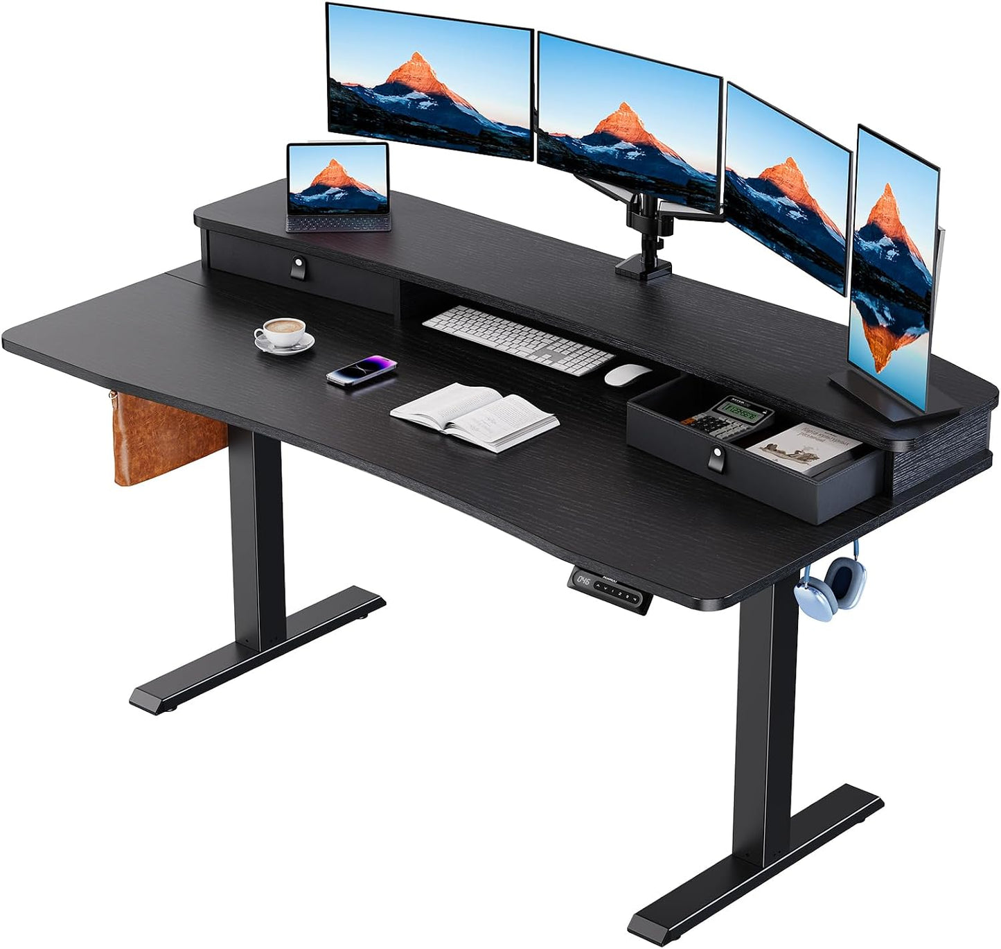HUANUO 60″ x 30″ Electric Standing Desk with 2 Drawers, C-Clamp Mount Compatible, Height Adjustable Computer Desk, Home Office Stand Up Desk with 4 Preset Heights & 2 Hooks, Vintage Brown