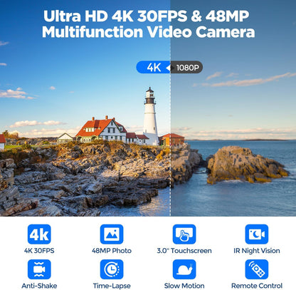 Video Camera Camcorder 4K 48MP, IR Night Vision 3” 270°Rotation Touchscreen Video Recorder for Vlog YouTube 16X Digital Zoom Compact Travel Cam Corder with Battery,32GB Card, Remote Control