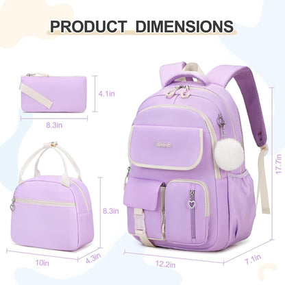 3PCS School Backpack for Girls with Lunch Box Pencil Pouch for Teen Girls Children Elementary Primary Middle High College Daypack School bag Bookbag Set Pink