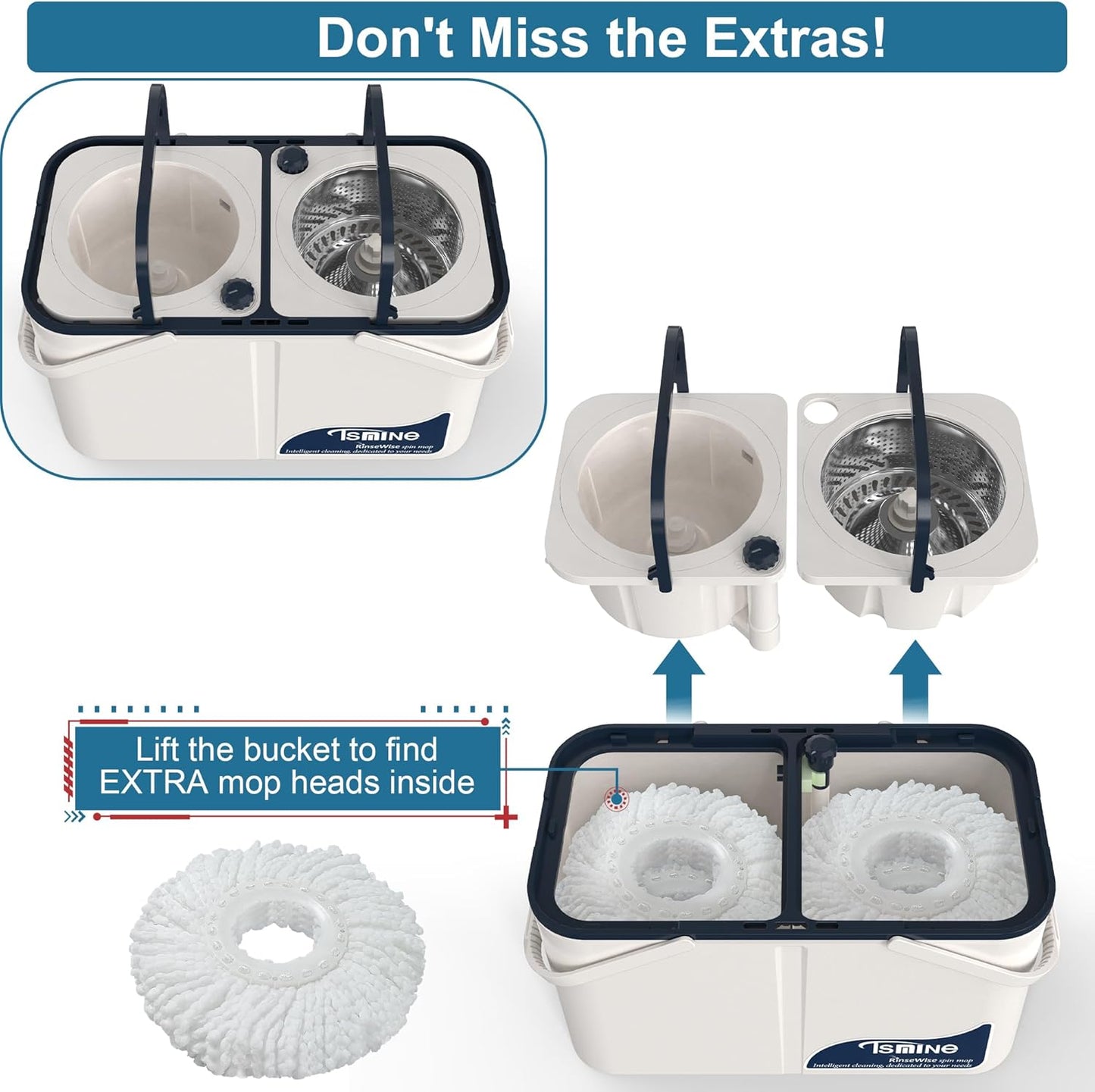 RinseWise Spin Mop and Bucket Separate Clean and DirtyWater, Mop and Bucket with Wringer Set, 4-Chamber Commercial Spinning Mopping Bucket Cleaning Supplies with 8 Microfiber Replacement Head Refills