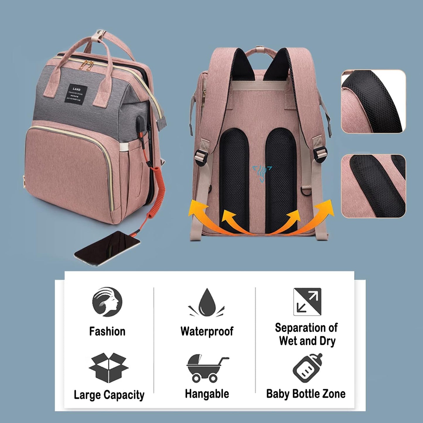 Diaper Bag Backpack | Large Capacity Baby Travel Bag with Portable Changing Pad