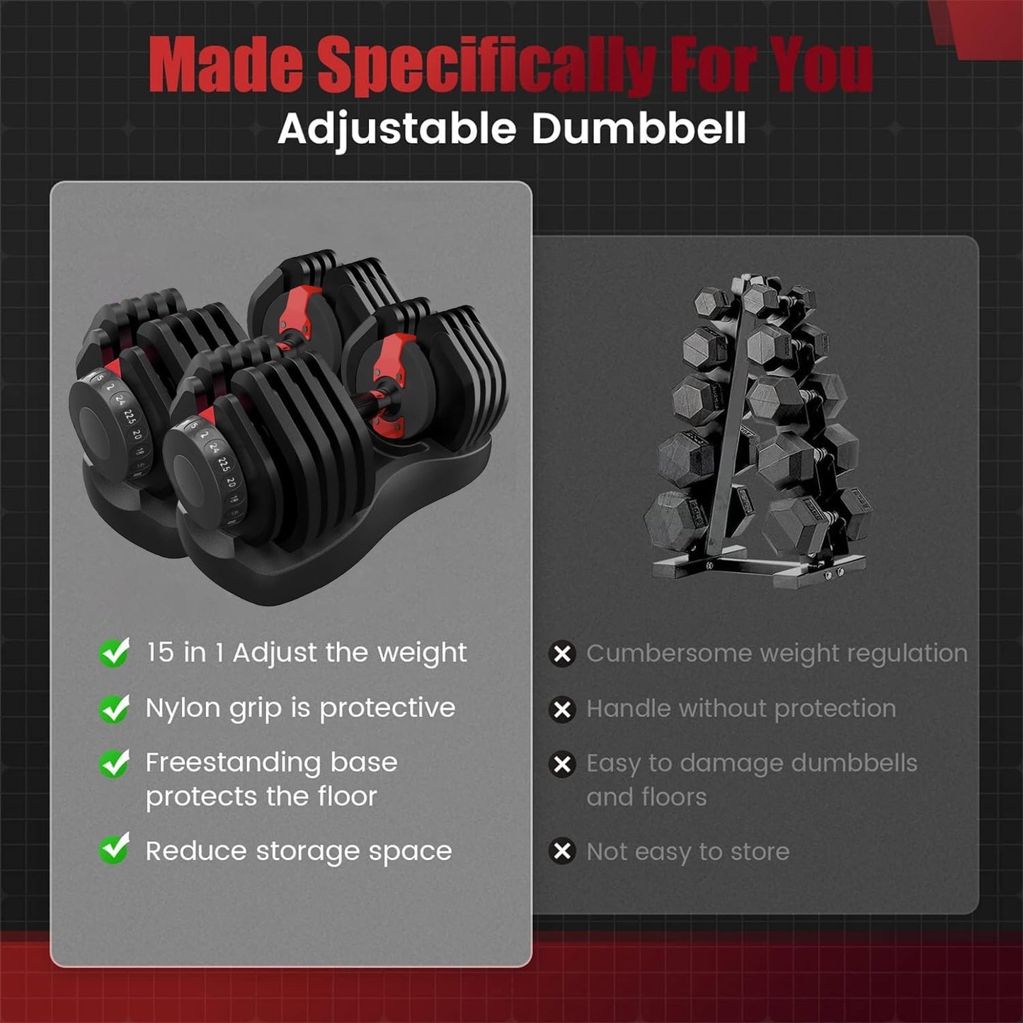 HAKENO 15 in 1 Adjustable Dumbbell 52.5lb with Fast Automatic Adjustable and Weight Plate for Body Workout Home Gym 52.5LB/24KG