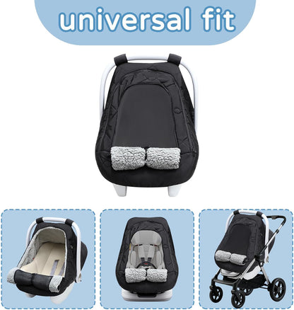 Winter Car Seat Cover for Baby Girl & Boy – Waterproof Infant Car Seat Canopy with Breathable Mesh, Thick Warm Fleece, Weather-Resistant Baby Winter Essential for Stroller & Carrier, Universal Fit, Black
