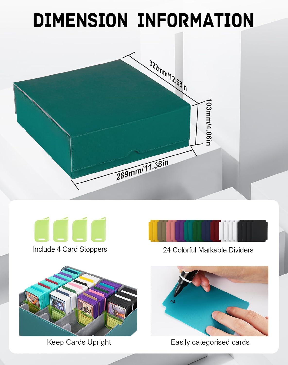 ZLCA Card Storage Box for MTG PTCG, Commander Deck Box Holds 3000+ Cards, Card Storage Case with 4 Stoppers, Card Organizer for TCG Sport Cards (Black)